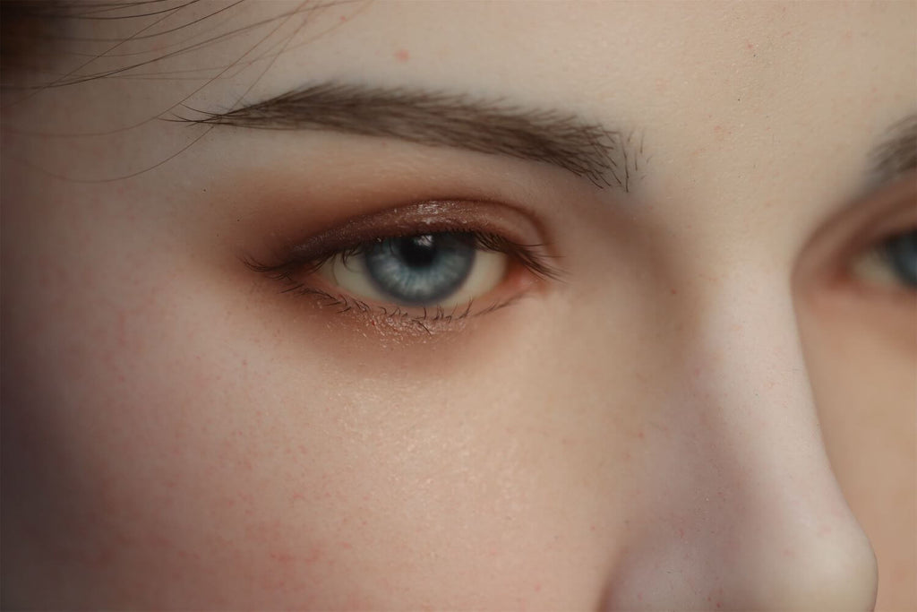 A closed view of Scandinavian Women Freya sex doll's beautiful blue eyes