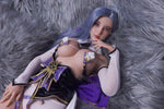 Load image into Gallery viewer, Pretty blue hair Kaguya sex doll, wearing an anime style cosplay outfit, starring at you with a pair of blue eyes, lying on grey fur chair, her cosplay outfit is no longer available, but still tempting, with a pair of white gloves and buttrfly decorated japanese style dress, purple and black, you can feel a sense of mythology and shintoism