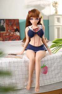Anime mini sex doll, 65cm petite french brunette demoiselle Adele sitting on the bed