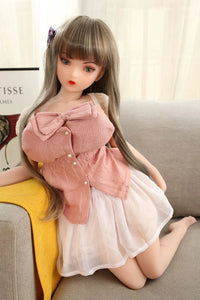 Realistic 65cm petite sex doll, brunette japanese waifu Chizuru kneeing on sofa