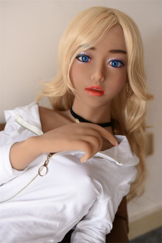 Realistic 148cm Tanned Sex Doll, Skinny B-cup Blonde Hair Hispanic Girl Ashley looking at viewers with her blue eyes