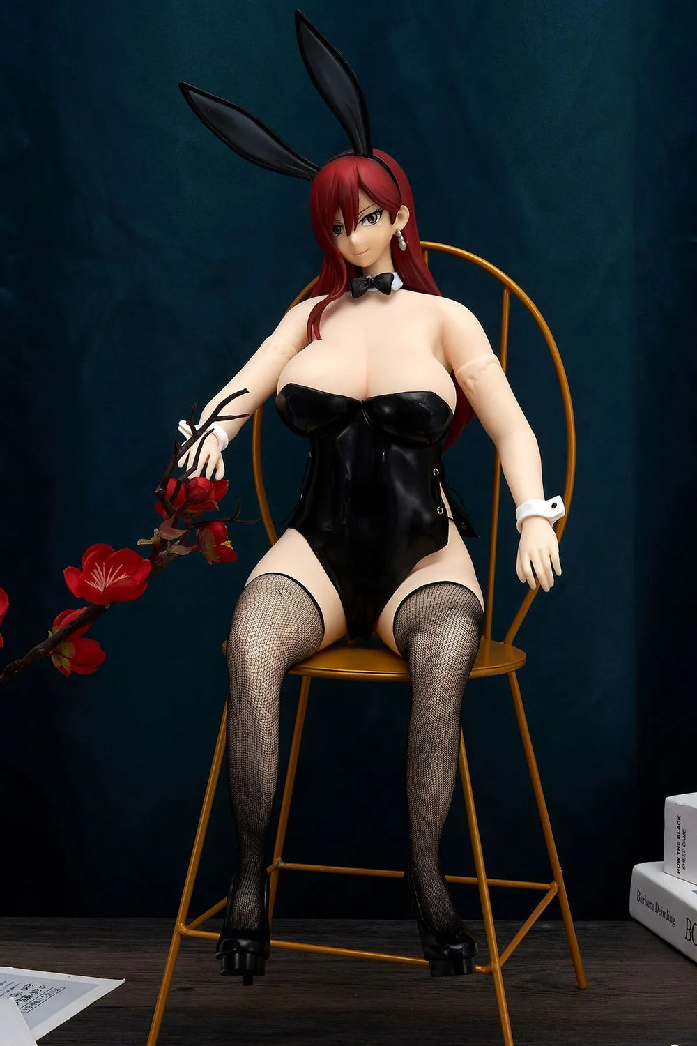 Hentai bunny figure Erza Scarlet sitting on a chair like a queen, this is a cast off Fairy Tail figure and anime flehslight sex doll
