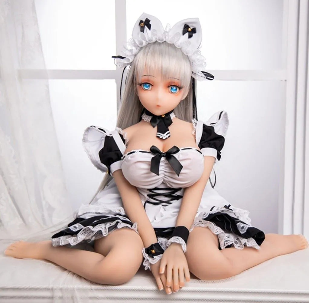 65cm mini realistic sex doll, white hair petite maid girl Gwendoline in wariza position