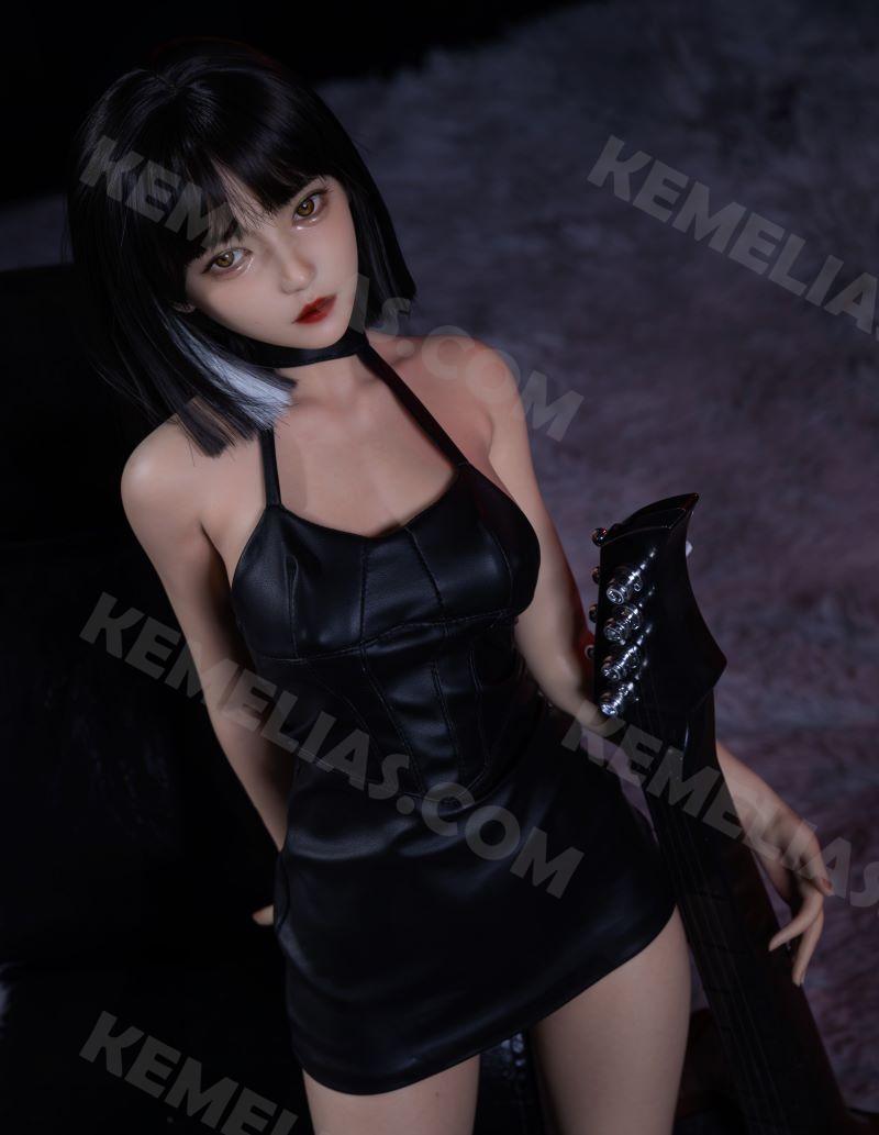 Mini sex doll guitarist girl Anya, a 65cm realistic bar singer girl figure wearing black sexy dress