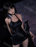 Load image into Gallery viewer, Mini sex doll guitarist girl Anya, a 65cm realistic bar singer girl figure wearing black sexy dress
