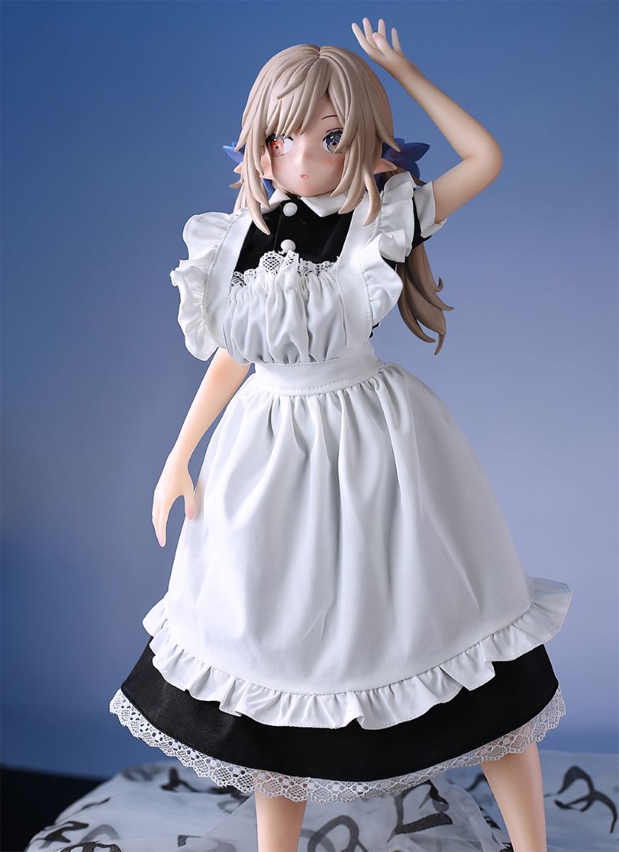 Mini sex doll pure white elf in maid dress, she is a cute 1/4 scale hentai loli figurine standing and waving her hand