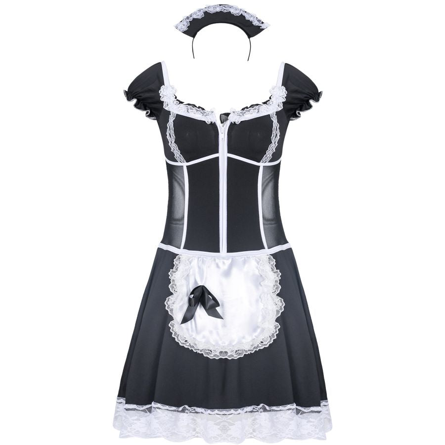 Sexy French Maid Costume for cosplay, Lace Apron Outifit with Ribbons and Headgear, the front image