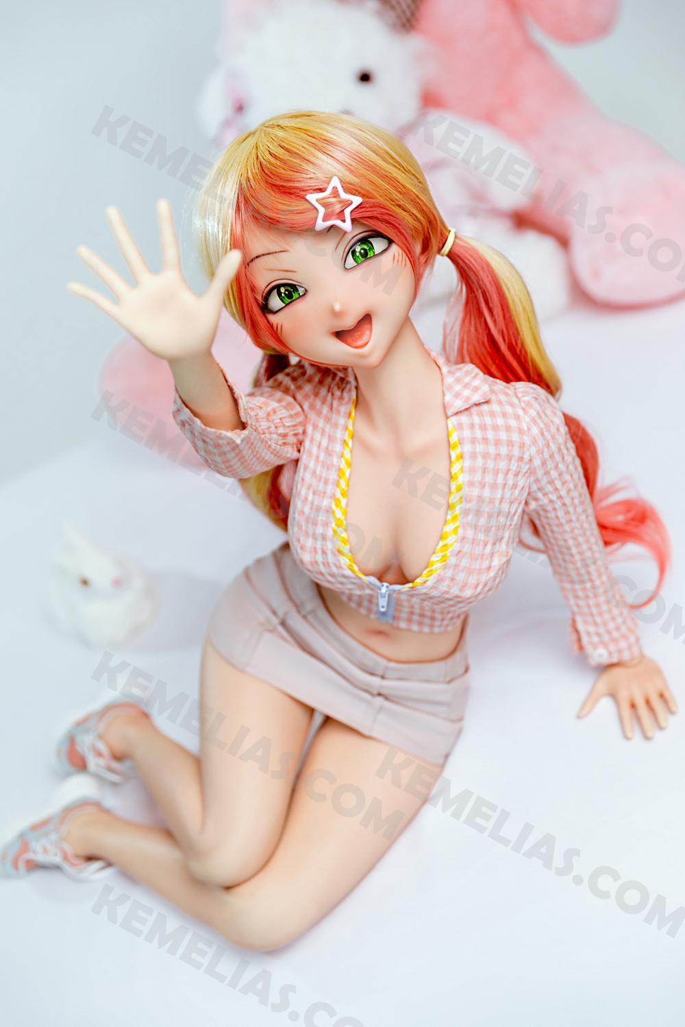 cute 85cm twintails anime mini sex doll Pixie waving her hand and smiling to you