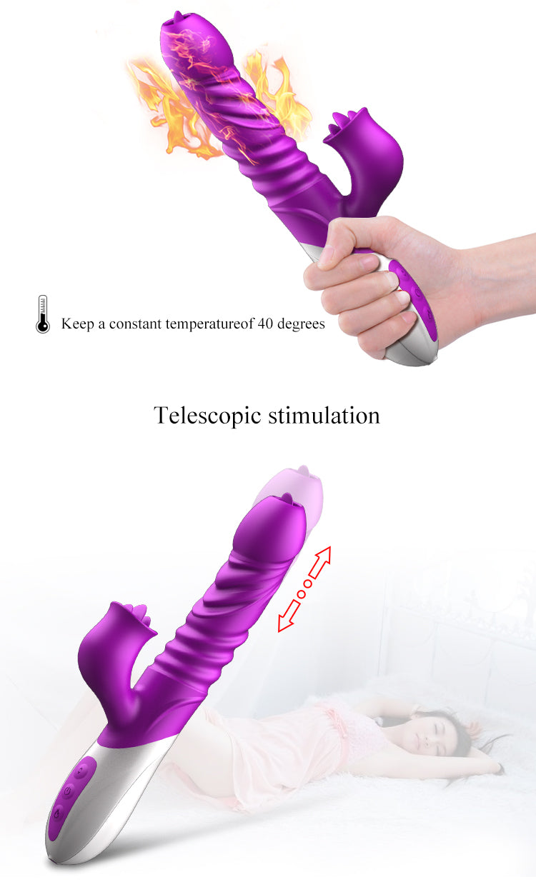 Clit Licking & Thrusting Rabbit Vibrator, Realistic Tongue Dildo, G-Spot Stimulator