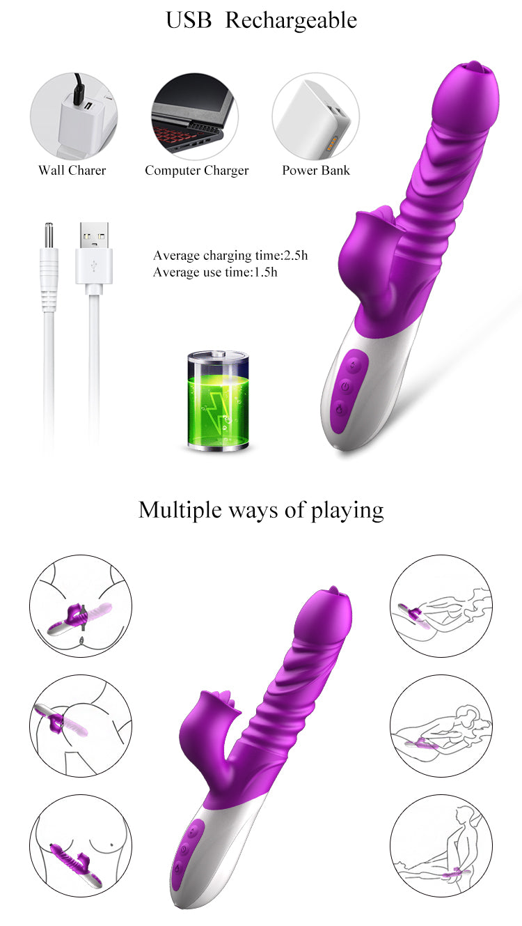 Clit Licking & Thrusting Rabbit Vibrator, Realistic Tongue Dildo, G-Spot Stimulator