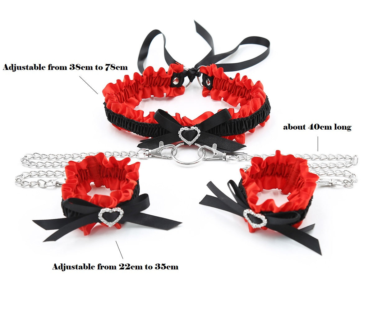 Black and Red Butterfly Neck Collar and Wrist Cuffs with Chain