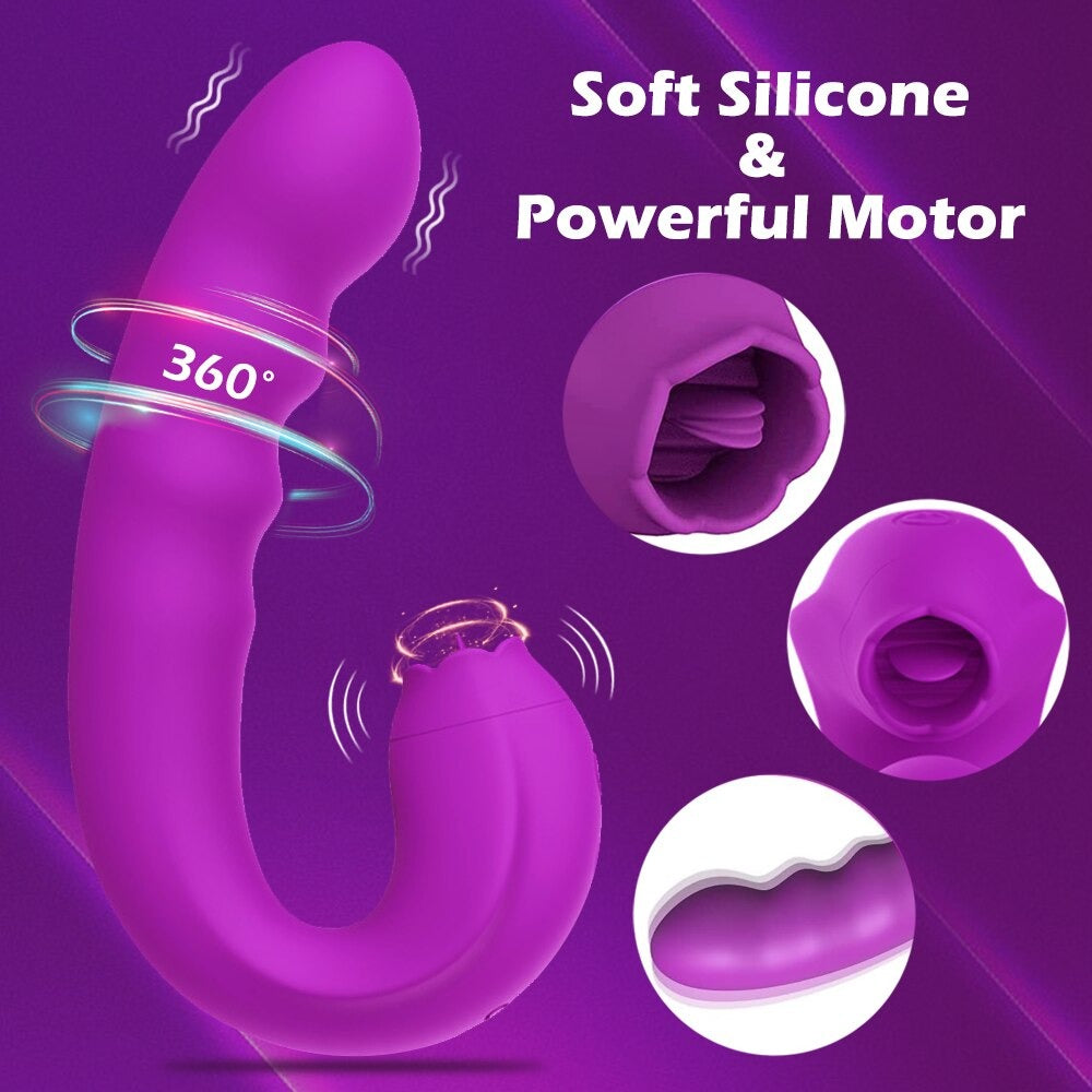 360° Rotating Rabbit Vibrator, Clit Licking G-Spot Stimulator, Nipples Massager