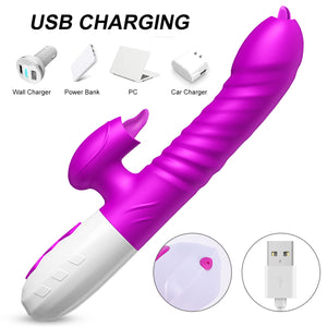 Double Tongue Vibrator Telescopic Rotating Dildo